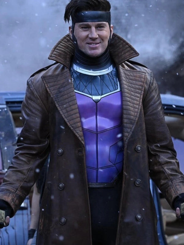 Avengers: Doomsday Gambit Coat Coat unisex front product view | Dash Racegear — Avengers: Doomsday Channing Tatum Gambit Trench Coat 2026 in Brown featuring textured fabric and front button rows