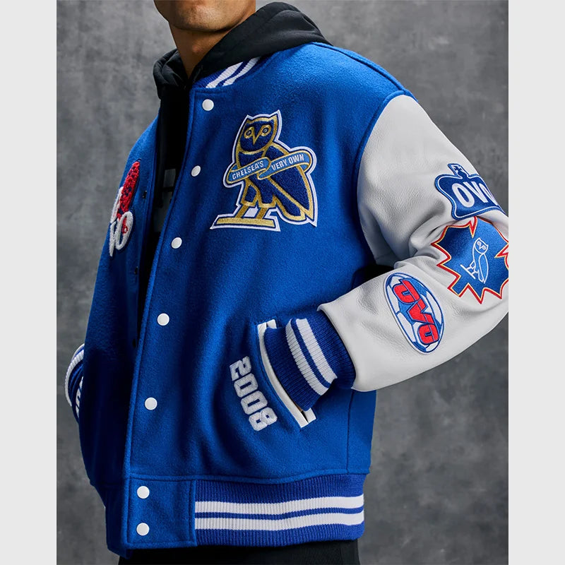 OVO x Chelsea FC Varsity Jacket Varsity Jacket unisex detail view 4 | Dash Racegear — Bold OVO Chelsea varsity jacket featuring classic color contrast