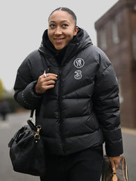 Chelsea FC UEFA Women’s Champions League Puffer Jacket Puffer Jacket unisex detail view 2 | Dash Racegear — Perfect for game day, this Chelsea FC 2025 black hooded puffer jacket keeps women cozy while showing team spirit.