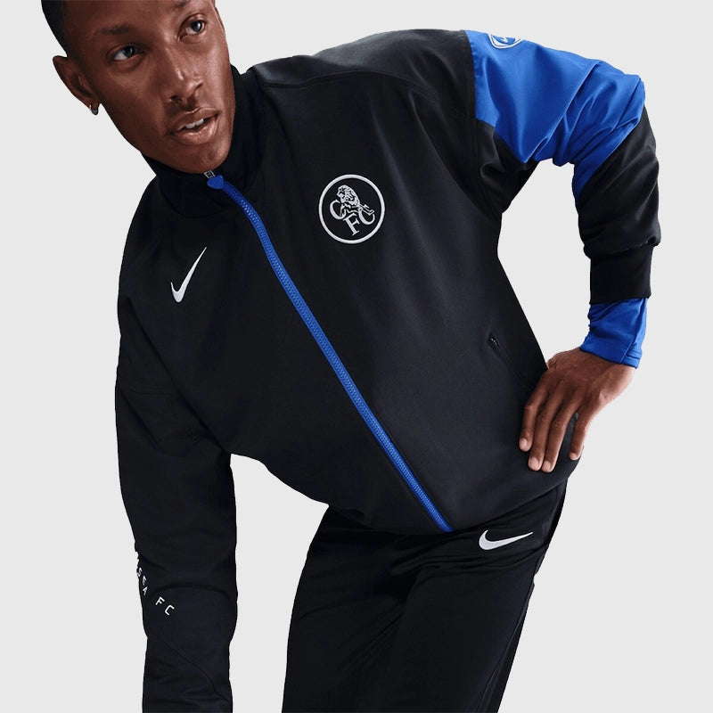 Chelsea Nike Third Anthem Jacket Jacket unisex detail view 3 | Dash Racegear — Nike Chelsea FC 2025-26 Third Kit black and blue anthem jacket with full zip.