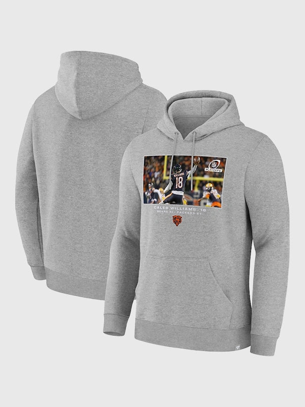 Bears Caleb Williams Flash Features Wild Card Hoodie Hoodie unisex front product view | Dash Racegear — Chicago Bears Caleb Williams Grey Flash Wild Card Hoodie, soft fleece for fans cheering through every game.