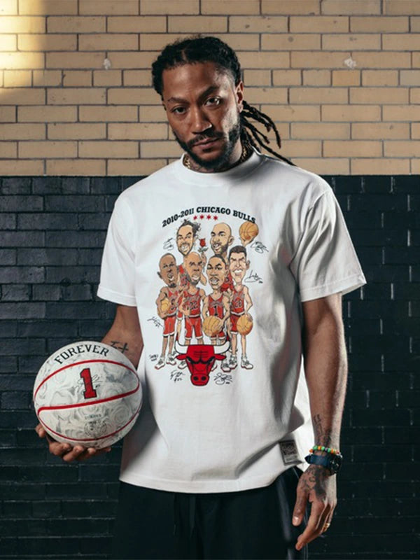 Chicago Bulls 2010-11 Team Caricature T-Shirt Shirt unisex front product view | Dash Racegear — White Mitchell & Ness Derrick Rose Chicago Bulls 2010–11 Caricature T-Shirt, perfect for showing love to a classic era.