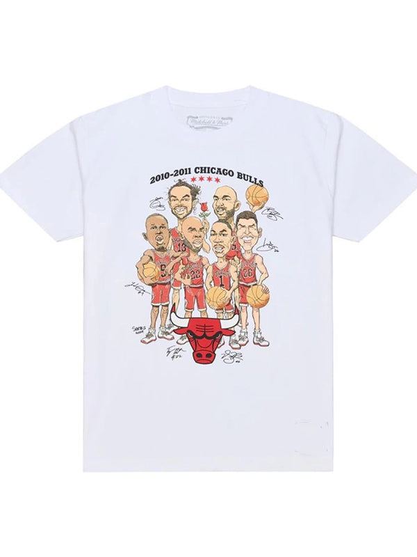 Chicago Bulls 2010-11 Team Caricature T-Shirt Shirt unisex detail view 2 | Dash Racegear — Mitchell & Ness Derrick Rose Chicago Bulls 2010–11 Caricature T-Shirt in white, bold graphic tee for everyday fandom.