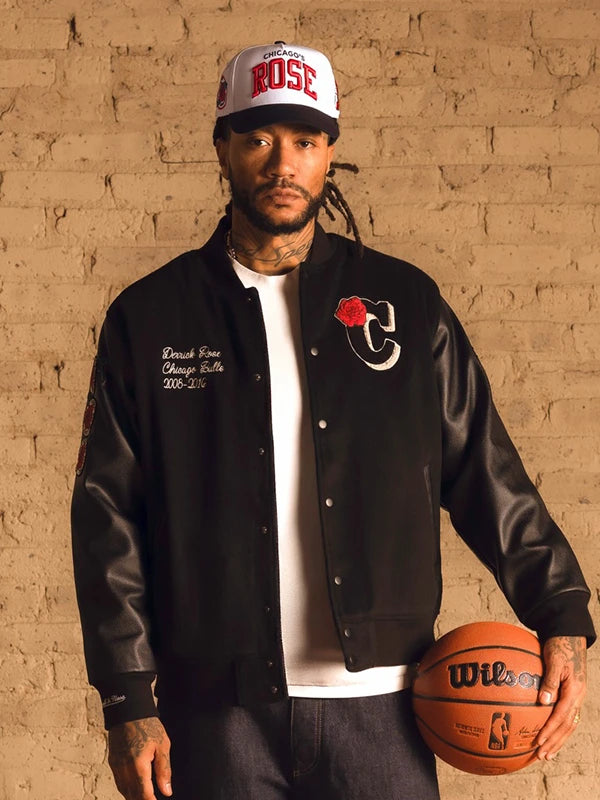 Derrick Rose Chicago Bulls Retirement Letterman Jacket Jacket unisex front product view | Dash Racegear — Derrick Rose Chicago Bulls Black Retirement Letterman Full-Snap Jacket for men & women, with bold patches and classic style.
