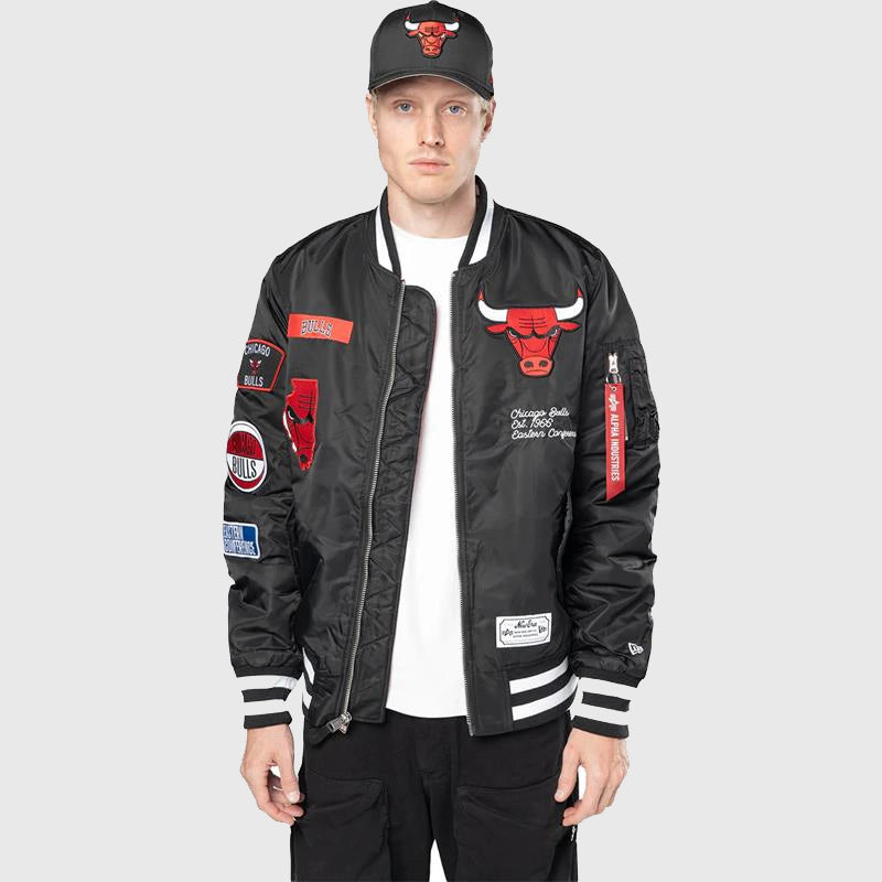 Chicago Bulls New Era Alpha Industries Patch Jacket Jacket unisex front product view | Dash Racegear — Limited edition Alpha Industries x New Era Chicago Bulls patch jacket