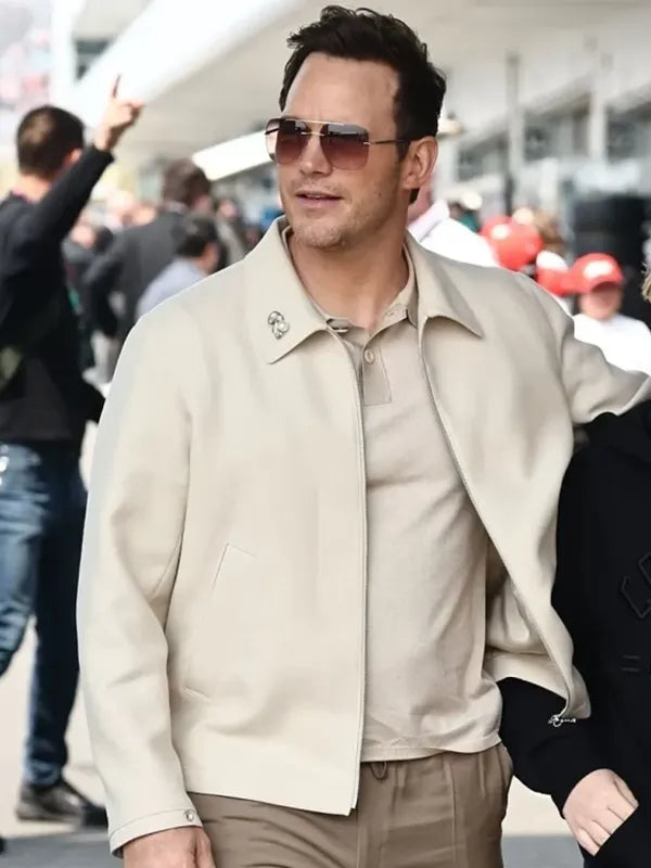 Chris Pratt F1 Japanese Grand Prix 2026 Jacket Jacket unisex front product view | Dash Racegear — Chris Pratt 2026 F1 Japanese Grand Prix leather jacket in beige, perfect for fans and casual style.