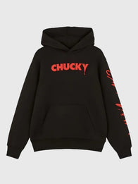 Primark Black Chucky Hoodie Hoodie unisex front product view | Dash Racegear — Recreated Primark Chucky graphic black pullover hoodie offering warmth and everyday streetwear appeal
