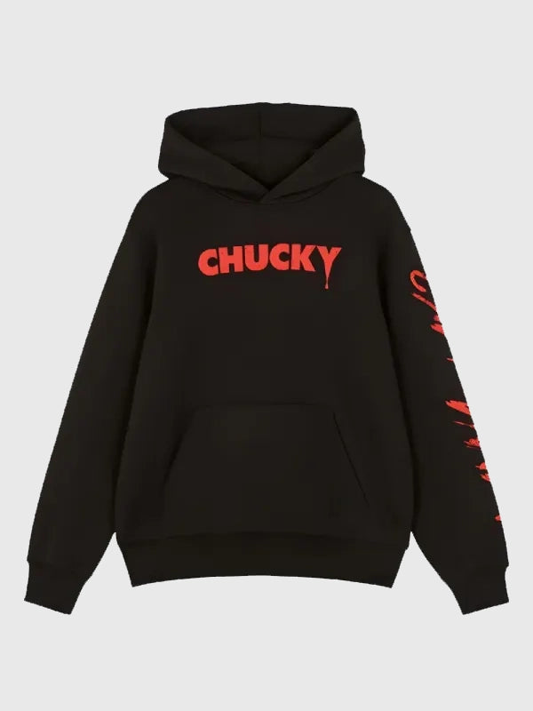 Primark Black Chucky Hoodie Hoodie unisex front product view | Dash Racegear — Recreated Primark Chucky graphic black pullover hoodie offering warmth and everyday streetwear appeal