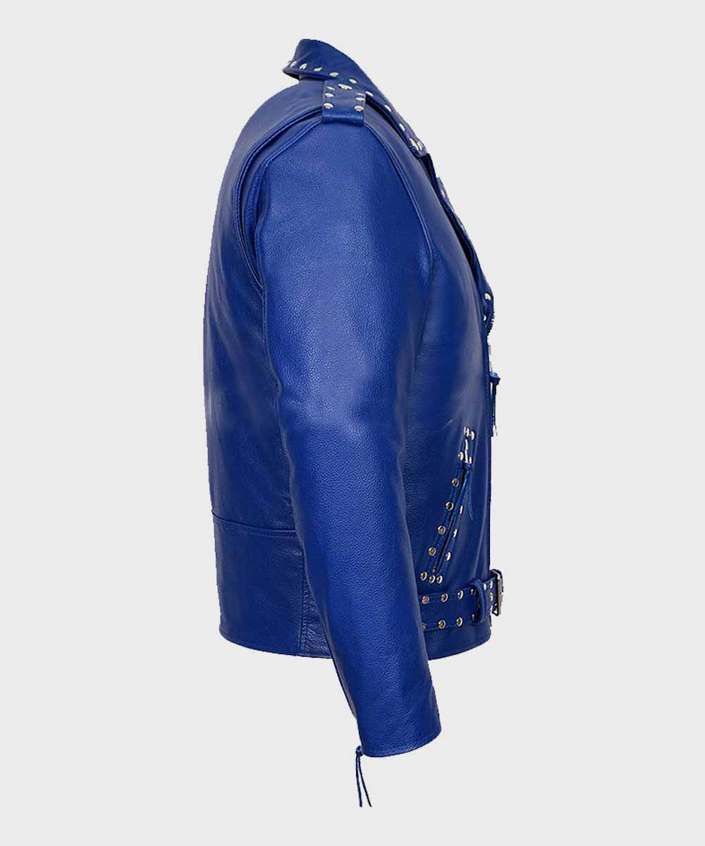 Blue Motorcycle Studded Leather Jacket Leather Jacket unisex detail view 2 | Dash Racegear — Blue Motorcycle Leather Jacket