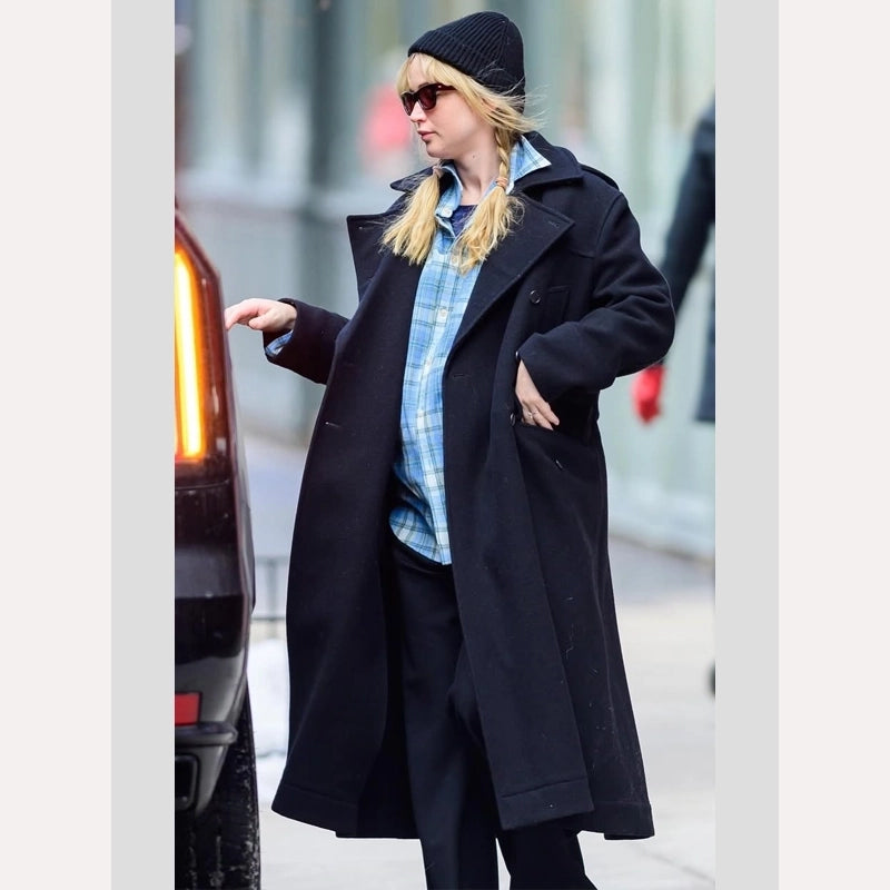 Jennifer Lawrence Black Coat Coat unisex front product view | Dash Racegear — Jennifer Lawrence Winter Fashion – Black Coat Ensemble