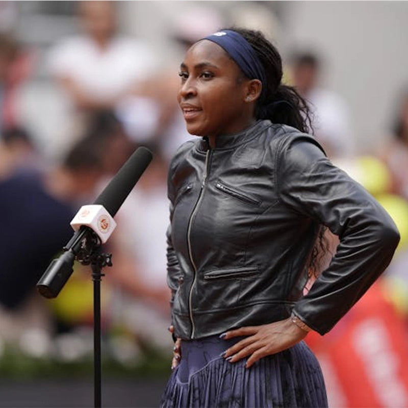 Coco Gauff Leather Jacket Leather Jacket unisex front product view | Dash Racegear — Statement jacket channeling Coco Gauff’s bold fashion sense