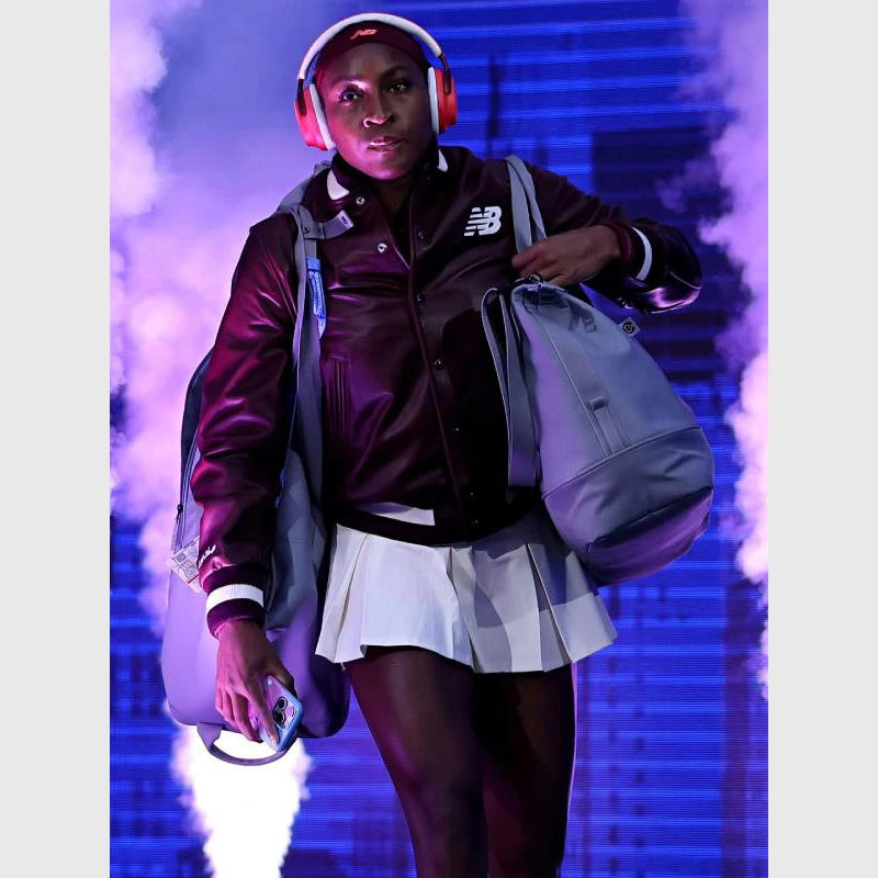 2025 US Open Coco Gauff New Balance Leather Jacket Leather Jacket unisex front product view | Dash Racegear — Coco Gauff rocking New Balance leather jacket at US Open 2025