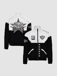 Cody Rhodes Windbreaker Jacket Jacket unisex front product view | Dash Racegear — Black and white full-zip windbreaker jacket inspired by Cody Rhodes, designed with a lightweight feel and bold athletic street style.