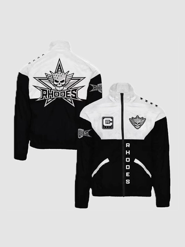 Cody Rhodes Windbreaker Jacket Jacket unisex front product view | Dash Racegear — Black and white full-zip windbreaker jacket inspired by Cody Rhodes, designed with a lightweight feel and bold athletic street style.