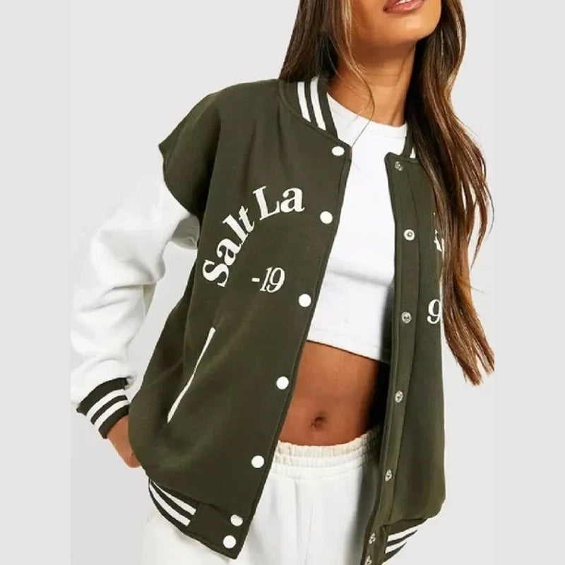 Salt Lake Colour Block Varsity Bomber Jacket Bomber Jacket unisex front product view | Dash Racegear — Trendy Salt Lake Colour Block Varsity Bomber Jacket for Casual Looks