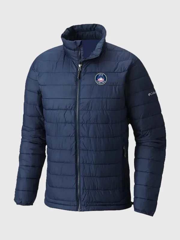 Columbia Curling USA Jacket Jacket unisex front product view | Dash Racegear — Blue Columbia Curling USA unisex jacket with full zip and bold team branding, perfect for chilly curling events.