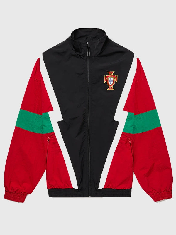 Portugal 1990 Retro Football Jacket Jacket unisex front product view | Dash Racegear — Copa Football Portugal 1990 retro unisex jacket in multicolor celebrating vintage football heritage with timeless style.