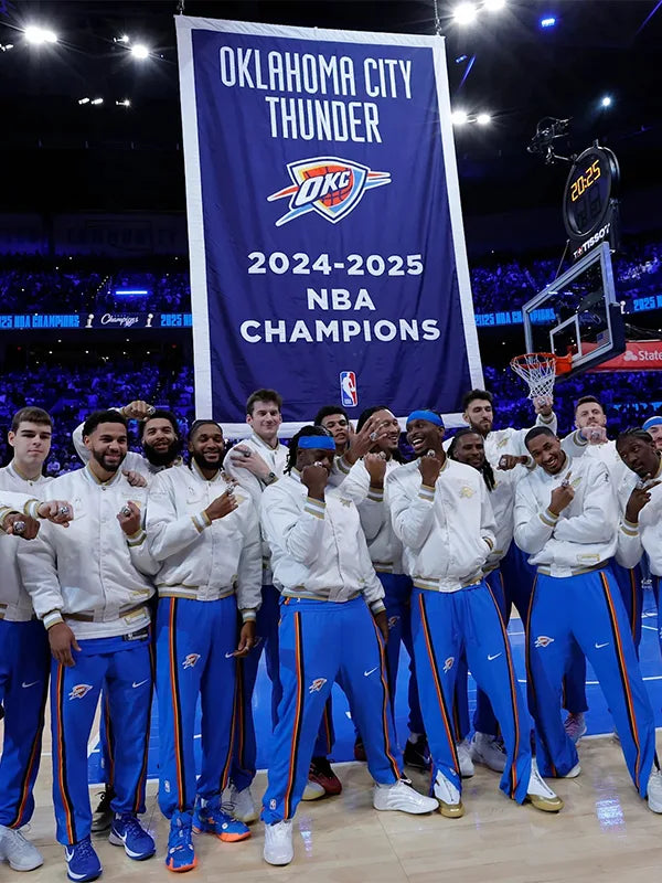 Oklahoma City Thunder 2025 Finals Champions Banner Raising Ceremony Jacket Jacket unisex detail view 2 | Dash Racegear — White Nike Oklahoma City Thunder jacket with button-up front for the 2025 banner event.