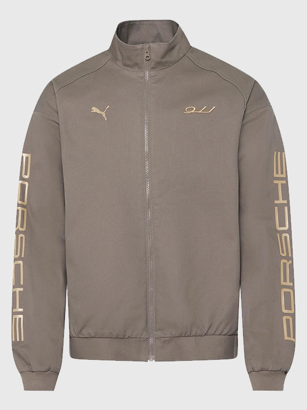 Porsche Legacy x PUMA Pepita Lifestyle Jacket Jacket unisex front product view | Dash Racegear — 2026 PUMA x Porsche Legacy Pepita Lifestyle Black White Taupe Unisex Jacket reflecting motorsport heritage and premium craftsmanship