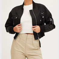 Cropped Bomber Jacket Bomber Jacket unisex front product view | Dash Racegear — Black Cropped Bomber Jacket For Women