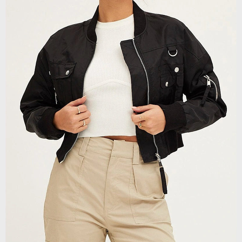 Cropped Bomber Jacket Bomber Jacket unisex front product view | Dash Racegear — Black Cropped Bomber Jacket For Women