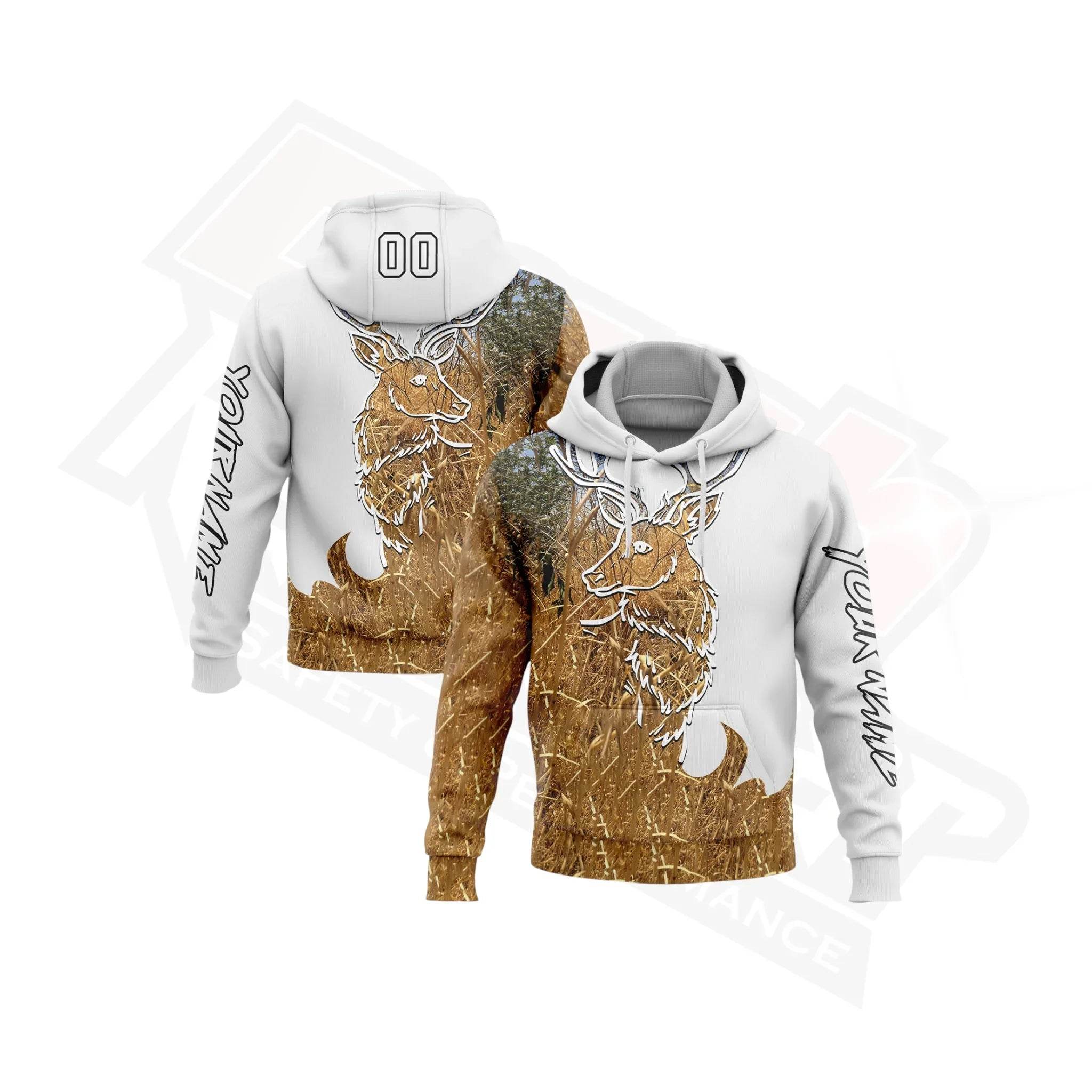 Custom Stitched White & Black-Old Gold 3D Deer Hunting Hoodie - Dash Racegear Store
