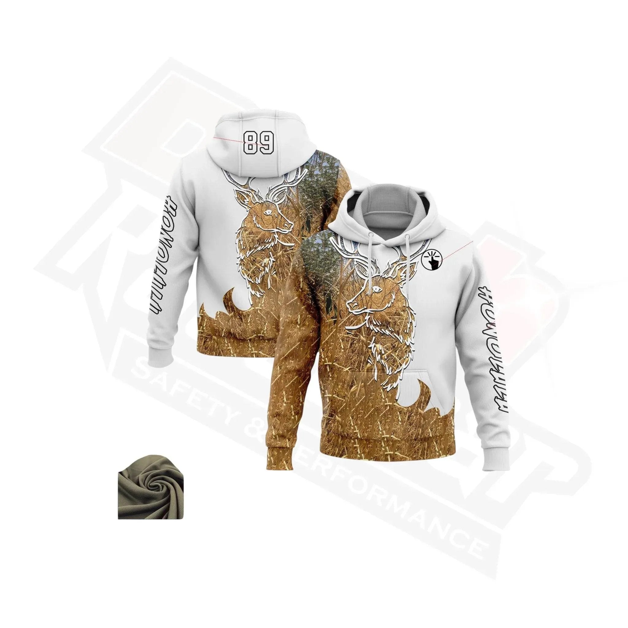 Custom Stitched White & Black - Old Gold 3D Deer Hunting Hoodie