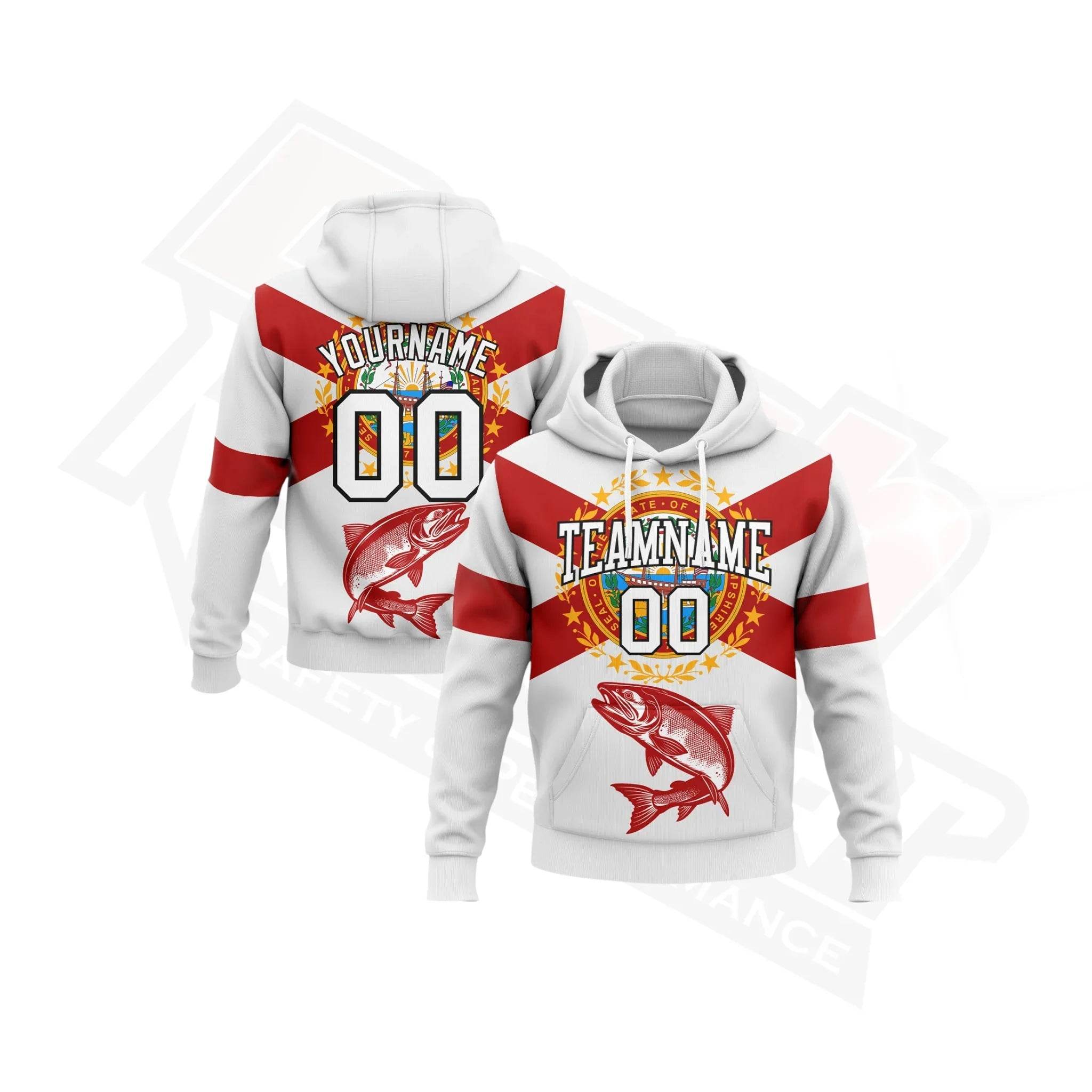 Custom Stitched White & Red-Black 3D Atlantic Salmon Fishing Hoodie - Dash Racegear Store