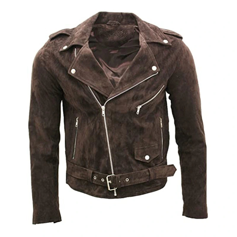 Mens Dark Brown Biker Suede Leather Jacket Leather Jacket men front product view | Dash Racegear — Mens Dark Brown Biker Suede Leather Jacket