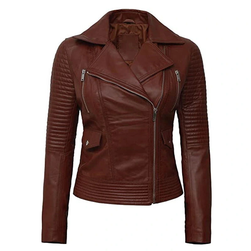 Women’s Brown Motorcycle Leather Jacket Leather Jacket women front product view | Dash Racegear — Women's Brown Motorcycle Leather Jacket