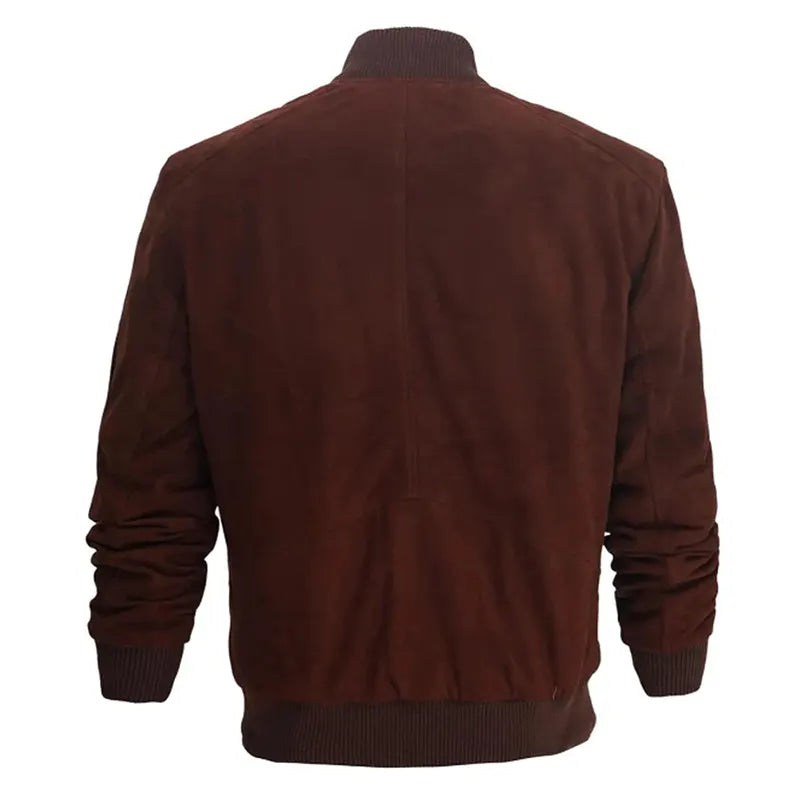 Mens Bomber Dark Brown Suede Leather Jacket Bomber Jacket men detail view 2 | Dash Racegear — Dark Brown Bomber Suede Leather Jacket