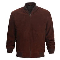 Mens Bomber Dark Brown Suede Leather Jacket Bomber Jacket men front product view | Dash Racegear — Bomber Dark Brown Suede Jacket