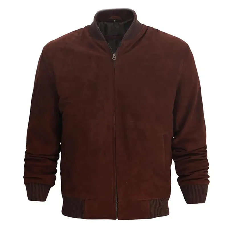 Mens Bomber Dark Brown Suede Leather Jacket Bomber Jacket men front product view | Dash Racegear — Bomber Dark Brown Suede Jacket