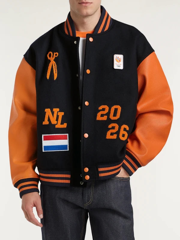 Denham TeamNL Varsity Jacket Varsity Jacket unisex front product view | Dash Racegear — Denham Team Netherlands varsity jacket in classic cut, bold orange details, perfect for Dutch fans cheering their team.