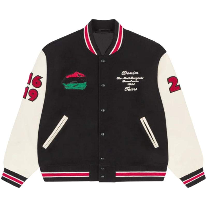 Denim Tears Peace Wreath Varsity Jacket Varsity Jacket unisex front product view | Dash Racegear — Denim Tears Peace Wreath fashion-forward varsity jacket