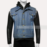 Mens Hooded Leather Denim Jacket Denim Jacket men detail view 2 | Dash Racegear — Mens denim jacket with leather sleeves