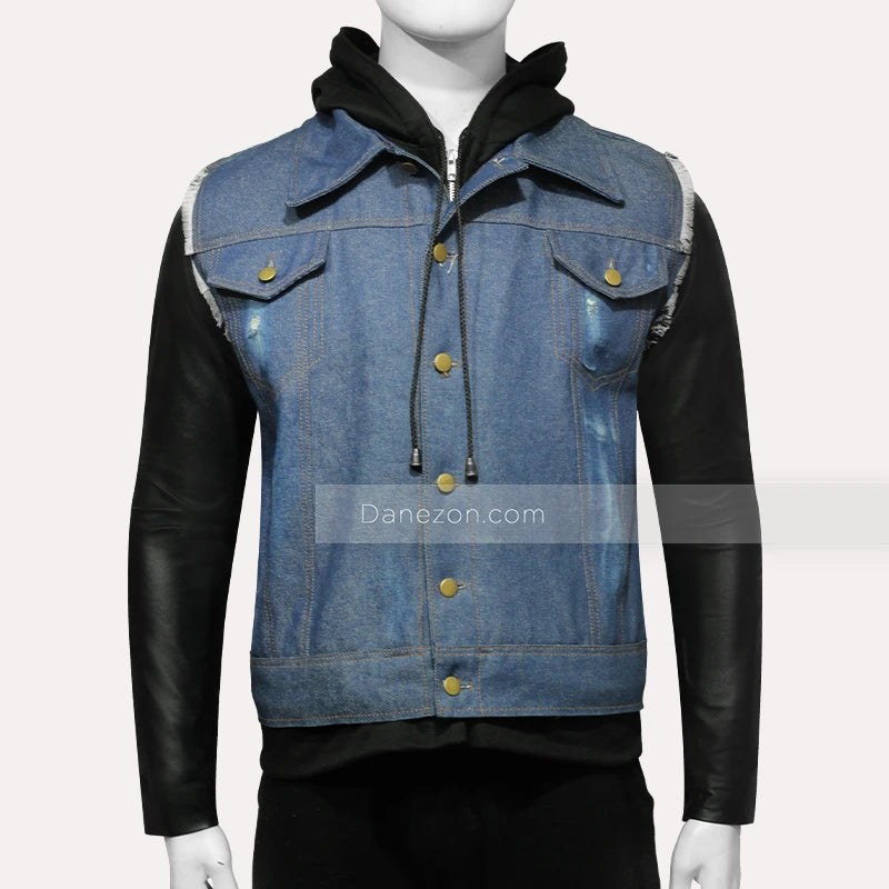 Mens Hooded Leather Denim Jacket Denim Jacket men detail view 2 | Dash Racegear — Mens denim jacket with leather sleeves