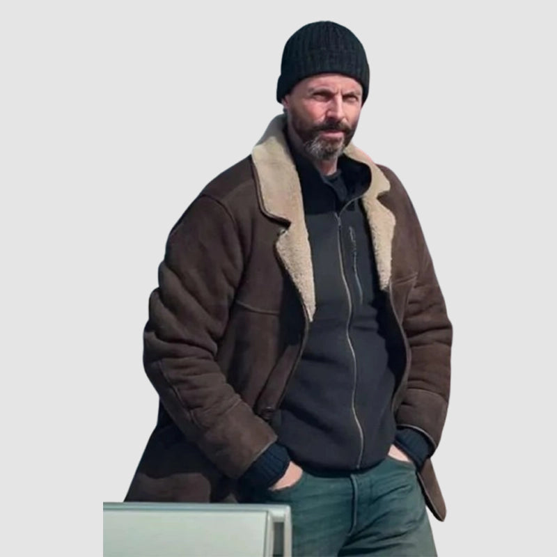 Dept. Q S01 Matthew Goode Brown Leather Coat Jacket unisex detail view 3 | Dash Racegear — Brown leather outerwear from Dept. Q series season 1