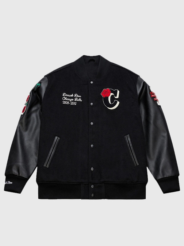Derrick Rose Chicago Bulls Retirement Letterman Jacket Jacket unisex detail view 5 | Dash Racegear — Derrick Rose Chicago Bulls Black Letterman Full-Snap Jacket for men & women, with championship detailing and classic fit.