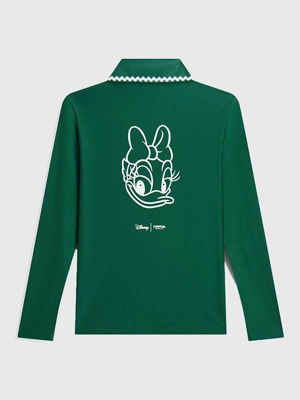Carnival Golf x Disney Daisy Doodle Polo Shirt Shirt unisex detail view 2 | Dash Racegear — Carnival Golf x Disney 2026 Unisex Daisy Doodle LS Polo Shirt in Green with lightweight comfort and timeless casual style.