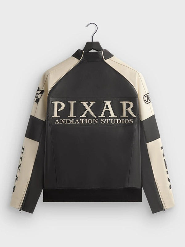 Disney x Kith for Pixar Dejan Leather Jacket Leather Jacket unisex detail view 2 | Dash Racegear — Black & cream Disney x Kith Dejan jacket, 2025 edition, ideal for casual wear and Pixar enthusiasts.