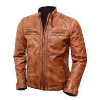 Mens Distressed Brown Quilted Leather Jacket Leather Jacket men front product view | Dash Racegear — Mens Distressed Brown Quilted Leather Jacket
