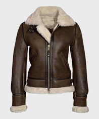 Womens Distressed Brown Aviator Leather Jacket Leather Jacket women front product view | Dash Racegear — Brown Aviator Shearling Leather Jacket