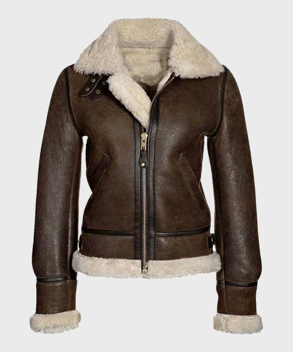 Womens Distressed Brown Aviator Leather Jacket Leather Jacket women front product view | Dash Racegear — Brown Aviator Shearling Leather Jacket
