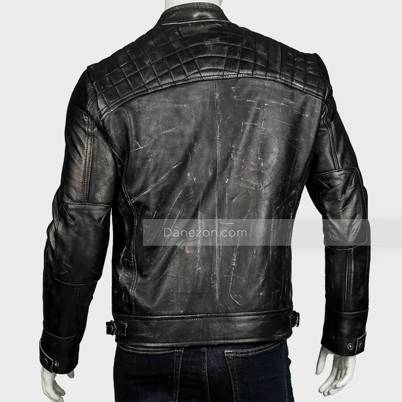 Mens Black Distressed Cafe Racer Leather Jacket Leather Jacket men detail view 5 | Dash Racegear — Black Biker Distressed Cafe Racer Jacket