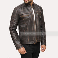Mens Brown Distressed Cafe Racer Jacket Leather Jacket men front product view | Dash Racegear — Distressed leather mens vintage jacket