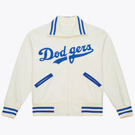 Mitchell & Ness Los Angeles Dodgers Cooperstown Batting Practice Jacket Jacket unisex front product view | Dash Racegear — Mitchell & Ness Los Angeles Dodgers Cream Cooperstown Batting Practice Full-Zip Fleece Jacket with retro team detailing.