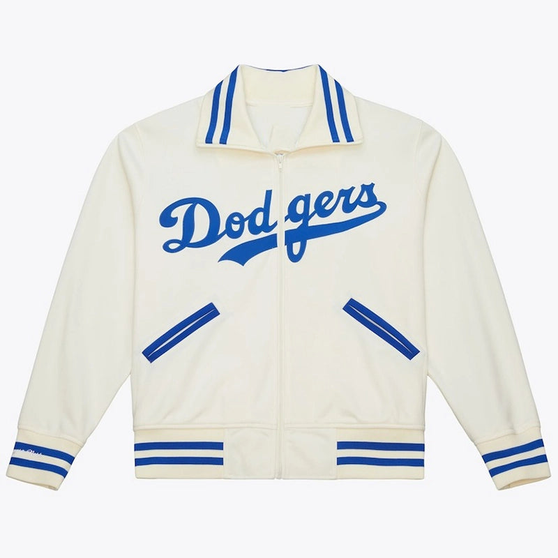 Mitchell & Ness Los Angeles Dodgers Cooperstown Batting Practice Jacket Jacket unisex front product view | Dash Racegear — Mitchell & Ness Los Angeles Dodgers Cream Cooperstown Batting Practice Full-Zip Fleece Jacket with retro team detailing.