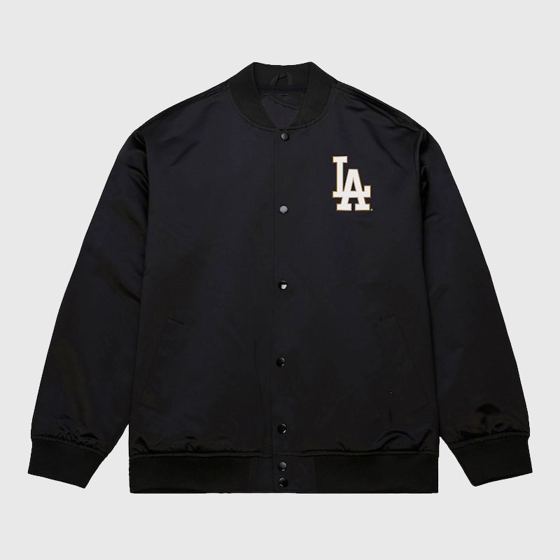 Dodgers Mitchell & Ness 2025 World Series Champions Satin Jacket Jacket unisex front product view | Dash Racegear — 2025 Dodgers World Series Champions Satin Jacket – Retro Style