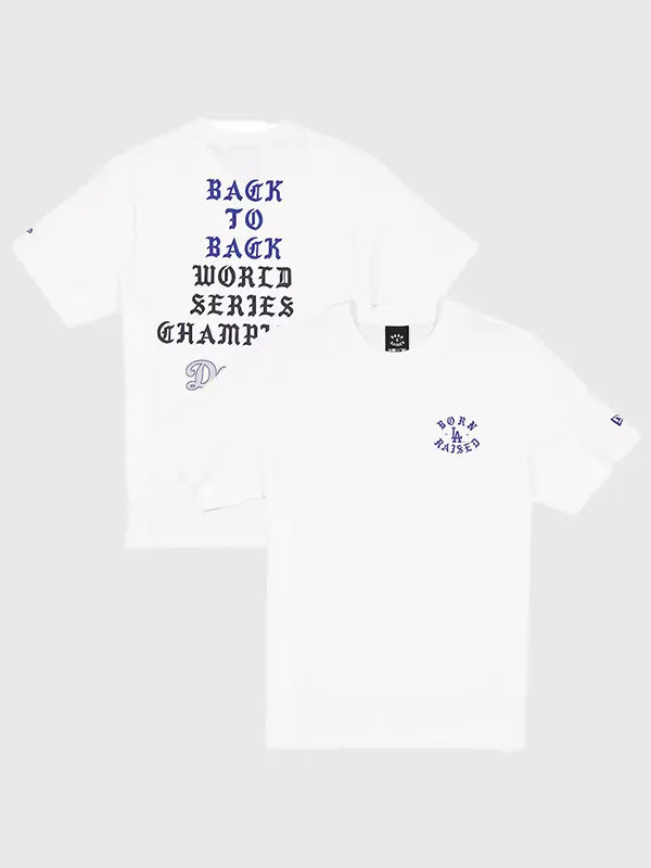 Dodgers New Era x Born x Raised Back-to-Back World Series Champions T-Shirt Shirt unisex front product view | Dash Racegear — Unisex Los Angeles Dodgers New Era x Born x Raised white tee, celebrating back-to-back World Series wins.